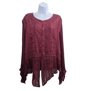 BFA Classics Blouse Womens MP Burgundy Boho Embroidered Crochet Fairy Whimsigoth